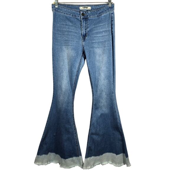 E Rock & Roll Denim Bargain Button Bell Flared Blue Jeans  Dyed Frayed Hem Sz 30 - Picture 1 of 10